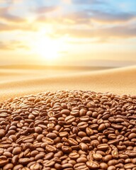 Golden light filters through clouds as the sun sets over a vast desert landscape. In the foreground, a rich mound of coffee beans contrasts beautifully with the warm sands.