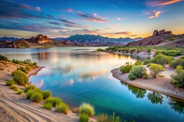 Serene Sunset Over a Still Lake, Enveloped by Majestic Mountains and Lush Desert Vegetation