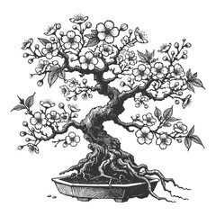 Fototapeta premium blossoming bonsai sakura cherry tree with delicate flowers and leaves, balance, nature, and artistic growth sketch engraving generative ai raster illustration. Scratch board. Black and white image.