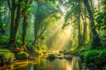 Obraz premium Sunbeams Illuminate a Lush, Tranquil Rainforest Stream, Enchanting Natural Scene with Vibrant Green Foliage and Serene Waters
