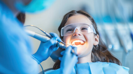 young girl wearing protective glasses smiles during dental procedure as pediatric dentist uses laser tool for minimally invasive treatment in bright clinic