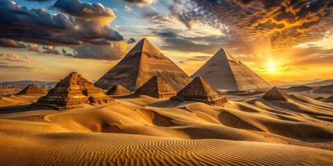 Majestic 8K pyramids rise at sunrise, casting long shadows across the Sahara's golden dunes.  Ancient Egypt's Giza splendor.