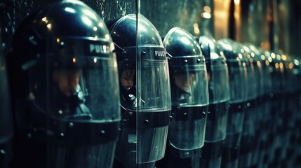A striking image showing a row of police officers wearing helmets and lined shields reflecting light in a organized formation during a protest.