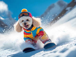 A joyful dog in colorful winter gear happily snowboarding down a snowy slope
