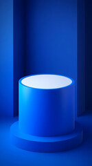 3D Blue Cylinder Podium Stands Elegantly on a Round Base in a Corner with a Blue Backdrop