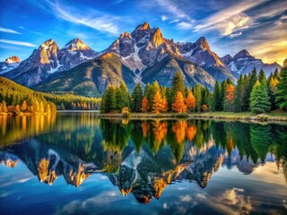 Fototapeta premium Majestic Teton Range rises dramatically over Jenny Lake, a breathtaking Wyoming landscape.