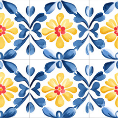 Rustic blue and yellow tile watercolor seamless pattern. Pattern of azulejos tiles