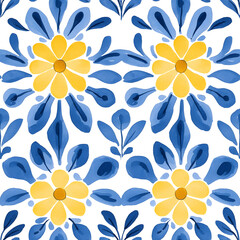 Fototapeta premium Rustic blue and yellow tile watercolor seamless pattern. Pattern of azulejos tiles