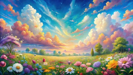 Serene Meadow Landscape A Vibrant Canvas of Blossoms Under a Dreamlike Sunset Sky
