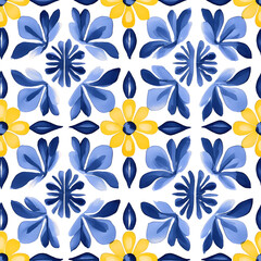 Fototapeta premium Rustic blue and yellow tile watercolor seamless pattern. Pattern of azulejos tiles