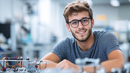 A young man with glasses smiles while working on a project in a modern lab filled with equipment.