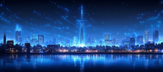 Futuristic Tokyo Skyline with Blue Network Lights, Nighttime Digital Cityscape Concept