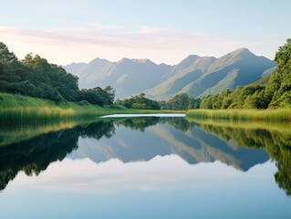 Fototapeta premium Calm waters of a lake mirror the majestic mountains and greenery at dusk, creating a peaceful atmosphere. Soft colors enhance the tranquil setting, inviting relaxation.