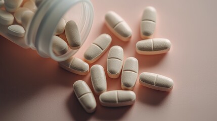 Soft Beige Tablets Spilled from Clear Bottle on Light Pink Background