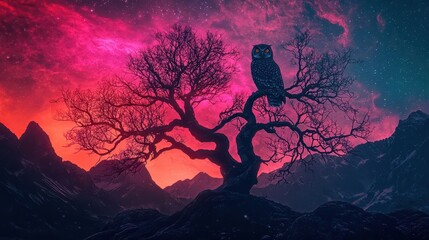 Obraz premium Owl perched on a glowing alien tree under a starlit galaxy, cosmic observer, 3D illustration