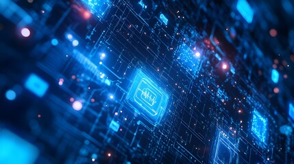 A computer screen with many icons and a blue background. The icons are colorful and appear to be related to technology or programming. Scene is one of innovation and progress