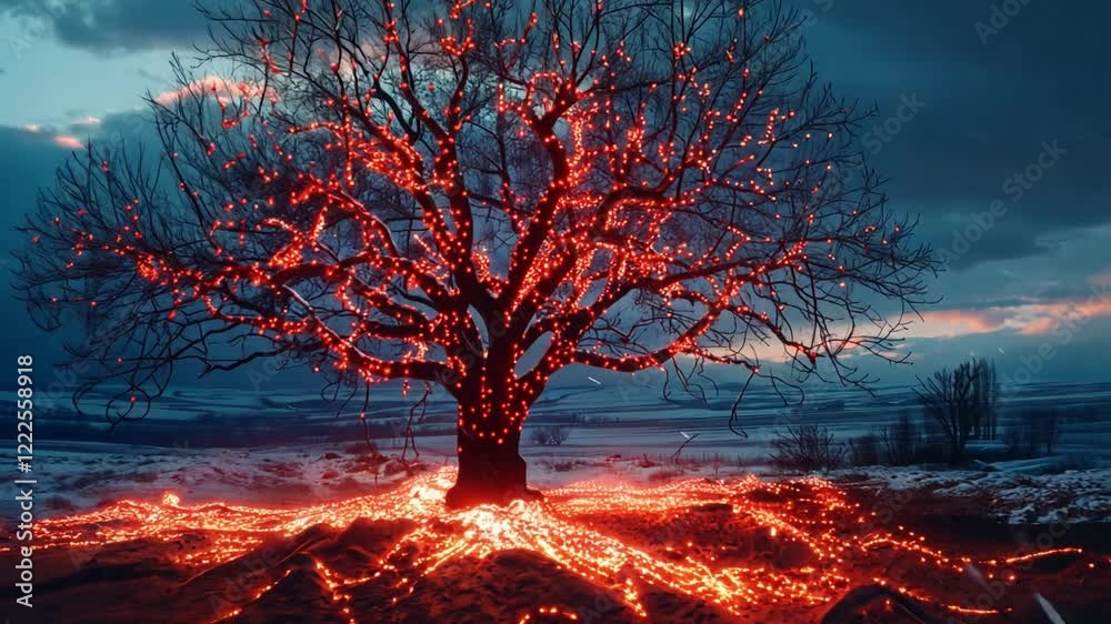 Poster a towering tree stands against a twilight sky, its branches adorned with glowing lights. red embers 