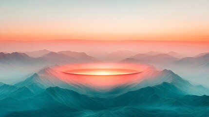 Surreal Sunset Landscape, Glowing Crater in Misty Mountains