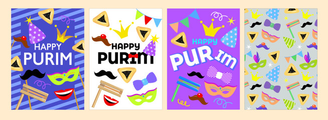 Purim set with cute carnival mask. Purim carnival pattern.