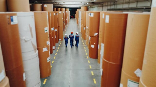 Engineers workers are taking inventory of warehouse. Paper industry, stock. Paper mill workers walk through a huge warehouse with large rolls of paper. Top view, drone. Factory, supply chain, teamwork