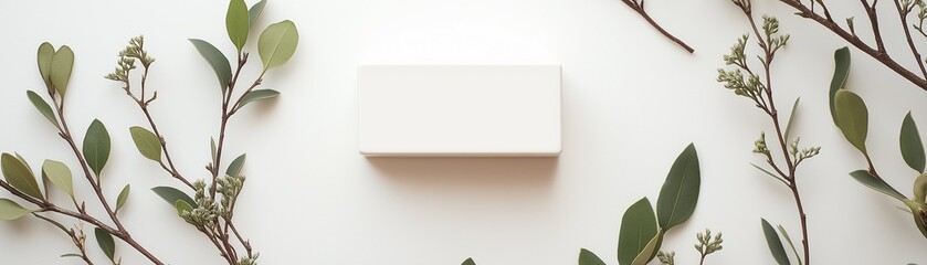 A white product container and greenery scene on a white backdrop.