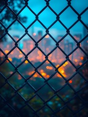 Fototapeta premium A background of a chain-link fence with blurred city lights in the distance.
