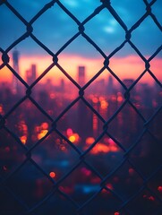 A background of a chain-link fence with blurred city lights in the distance.