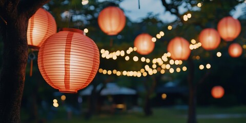 Obraz premium Beautiful Red Lanterns with Warm Lights in Outdoor Event Setting