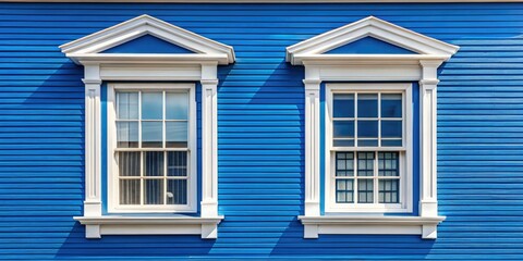 Restored house boasts a charming gable, elegant frame, double-hung windows, and stylish blue vinyl siding.