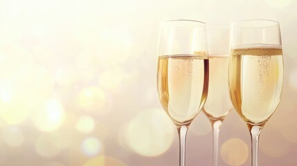 Glasses of champagne on bright background with bokeh effect