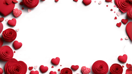 Romantic red heart and rose floral border on a transparent background