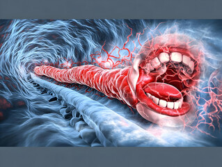 3D Illustration of Open Mouth and Esophagus Showing Internal Anatomy and Blood Vessels