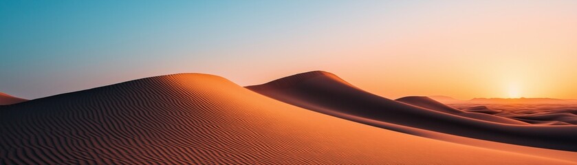 A wide and ethereal desert scene drenched in the mellow light of morning or sunset.