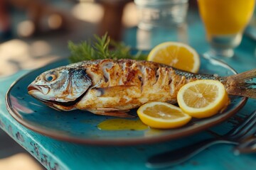 Grilled fish with lemon and rosemary lying on blue plate