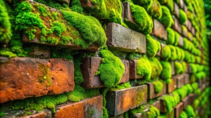 Rustic green moss clings to aged brick, creating a grunge texture perfect for background photography.