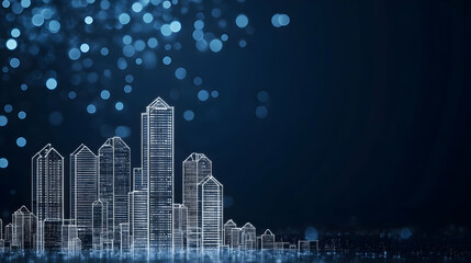 Abstract City Skyline Illustration Glows on Dark Blue Background with Bokeh Effect