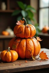 Pumpkin stack with vines, leaves, on wooden table, tablecloth, decoration, pumpkins