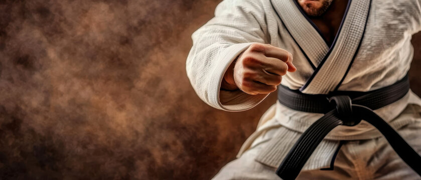 Dynamic close up of martial artist in traditional gi, showcasing powerful fist in striking pose. intensity of moment captures spirit of martial arts