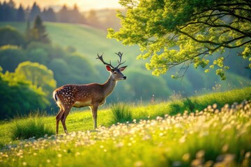 Fototapeta premium Majestic Deer in Spring Meadow, Basking in Golden Sunlight Under a Lush Green Canopy