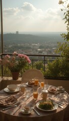 Fototapeta premium Outdoor breakfast table with flowers and scenic countryside view