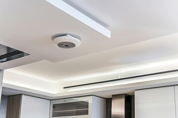 Modern kitchen ceiling with recessed lighting and ceiling-mounted smoke detector for safety and style.