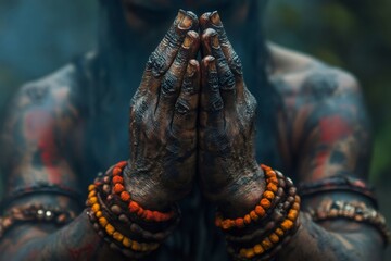 Obraz premium Sadhu joining hands in prayer, covered in ash, wearing colorful bracelets