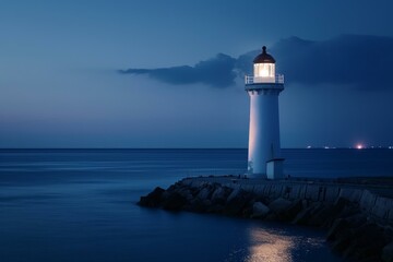 White lighthouse illuminating the dark blue sea at night with dramatic cloudscape and rocky pier