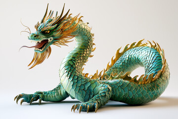 Obraz premium A detailed, coiled Chinese dragon with emerald green scales and golden accents, gracefully resting on a white background with soft shadows.