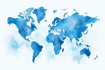 Blue watercolor world map highlighting earth's continents and vast oceans