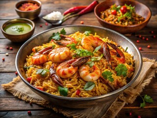 Savor the vibrant colors of delicious shrimp biryani and BBQ in stunning 4K food photography.