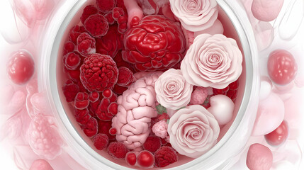 3D Render of Brains, Raspberries, and Roses in a Container with Pink Fluid Spilling Out