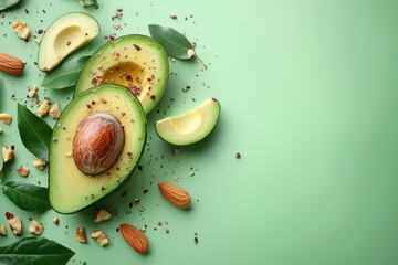 Fresh sliced avocado with nuts and leaves on a vibrant green background, Healthy food concept, top view close-up with natural ingredients