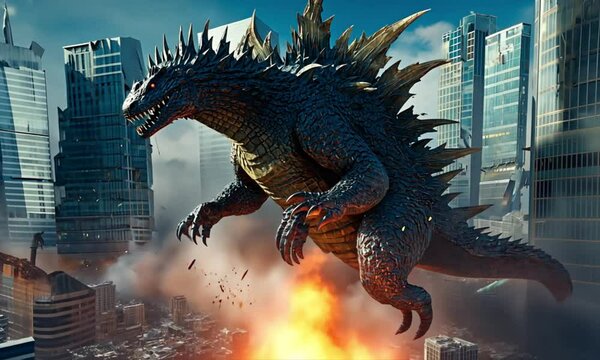 Background of giant monsters rampaging and destroying the city