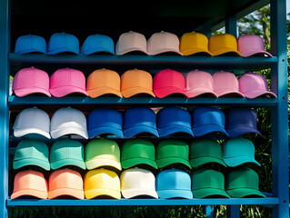Colorful Baseball Caps Displayed on Shelves Neatly Arranged in a Vibrant Outdoor Setting.